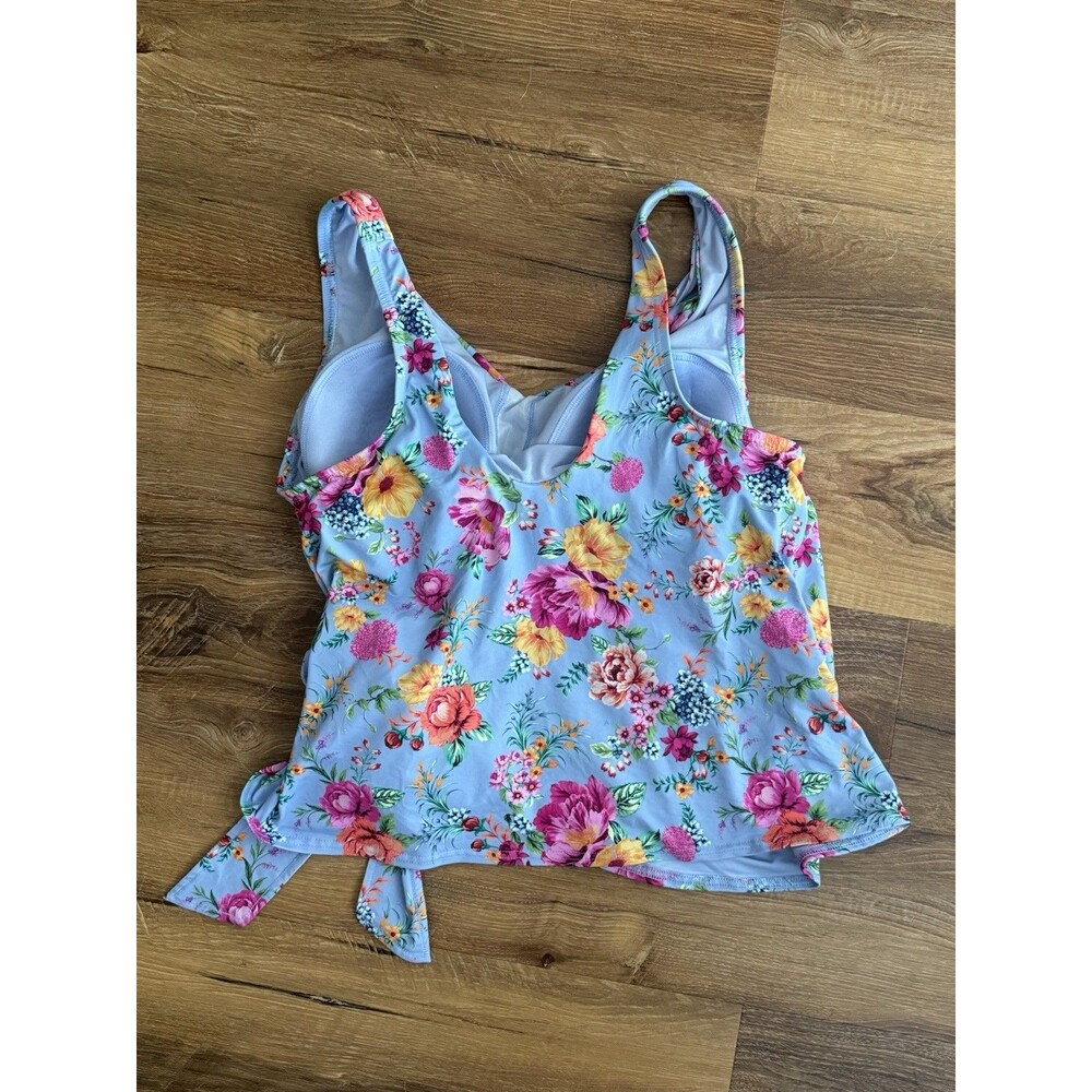 Lands End Blue Floral Side Tie Tankini Top Pinks Coral Flattering 16 W Slimming - Picture 3 of 4